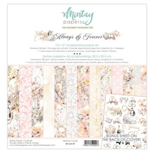 Colección de scrapbooking Always and Forever de Mintay, papeles de diseño para bodas románticas, manualidades y decoración del hogar, y creación de tarjetas de álbum DIY.