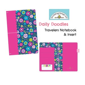 May include: A pink traveler's notebook with a floral design and a matching insert. The notebook cover features a blue background with pink, green, and yellow flowers. The insert has a pink background with a floral border.