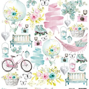 May include: Watercolor illustrations of a pink bicycle, roller skates, cameras, benches, hot air balloons, butterflies, and floral arrangements. The color palette includes pink, teal, and white, with a whimsical, vintage aesthetic.