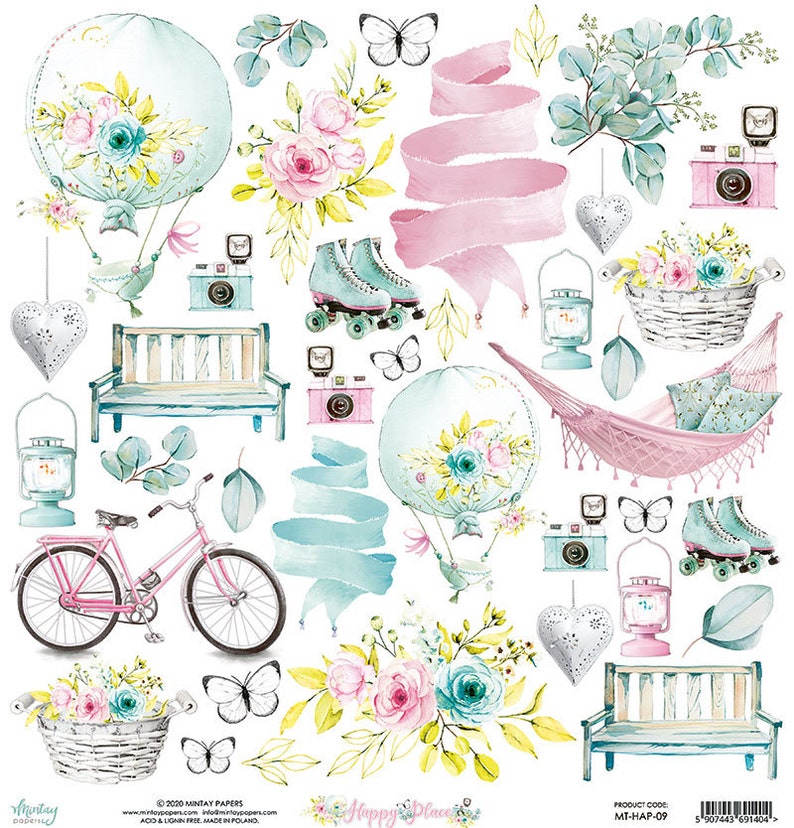 May include: Watercolor illustrations of a pink bicycle, roller skates, cameras, benches, hot air balloons, butterflies, and floral arrangements. The color palette includes pink, teal, and white, with a whimsical, vintage aesthetic.