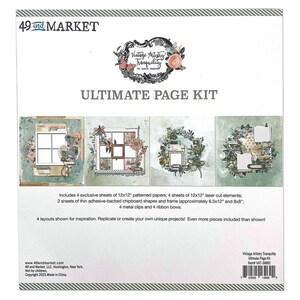 Puede incluir: Un kit de papel para scrapbooking con un esquema de color verde, azul y blanco. El kit incluye 4 hojas de papel estampado de 12x12 pulgadas, 4 hojas de elementos de corte láser de 12x12 pulgadas, 2 hojas de formas y marcos de cartón fino adhesivo, 4 clips metálicos y 4 lazos de cinta. El kit se titula "Vintage Artistry Tranquility Ultimate Page Kit".