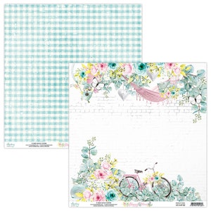 May include: Two sheets of decorative paper. One sheet features a light blue and white gingham pattern. The other sheet has a white brick wall design with floral and bicycle illustrations in pink, teal, and yellow. The words "Happy Place" are visible.