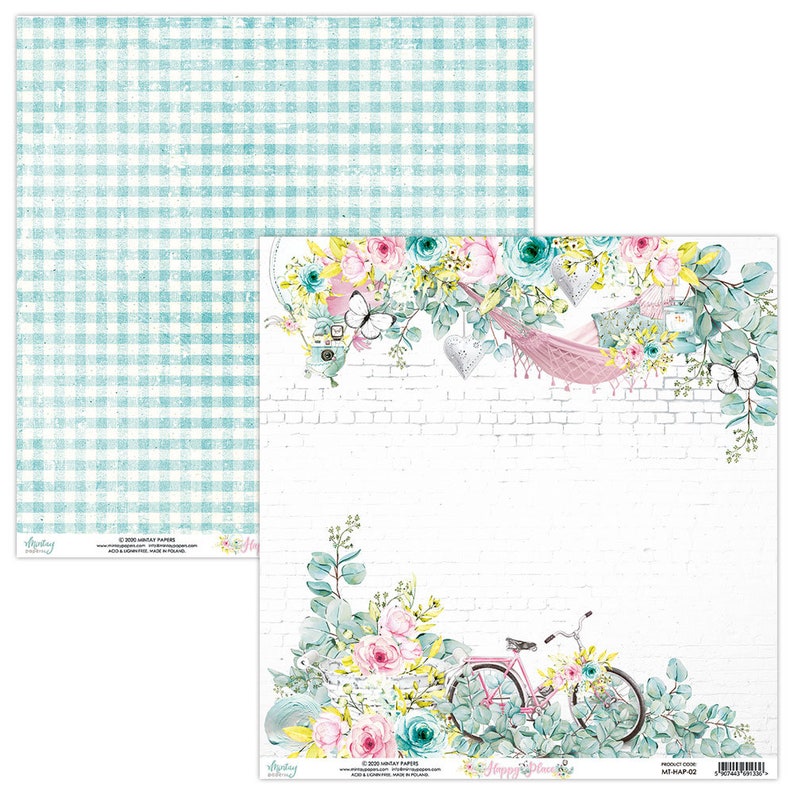 May include: Two sheets of decorative paper. One sheet features a light blue and white gingham pattern. The other sheet has a white brick wall design with floral and bicycle illustrations in pink, teal, and yellow. The words "Happy Place" are visible.
