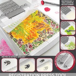 May include: Sizzix Studio registration press tool with a clear lid, designed for precision alignment. The tool includes a registration base and stencil adapter. The image shows a colorful floral and butterfly design, with the text "FREE BIRD".