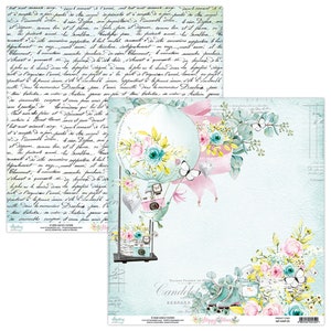 May include: Decorative scrapbook paper with a vintage aesthetic. Features a hot air balloon design with floral accents, butterflies, and a camera. The background is a light blue with script text.