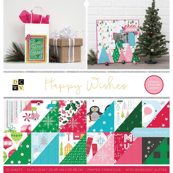 Happy Wishes Christmas Scrapbooking Paper Pad by DCWV with iridescent glitter & bonus sticker sheet, 32 Double Sided Papers DIY crafts