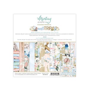 Könnte beinhalten: Ein 15,2 x 15,2 cm Scrapbooking-Papierblock mit Reisethematik. Der Block enthält doppelseitig bedruckte Blätter mit Designs von Karten, Blumen und reisebezogenen Bildern. Der Text "next TRIP" ist enthalten.