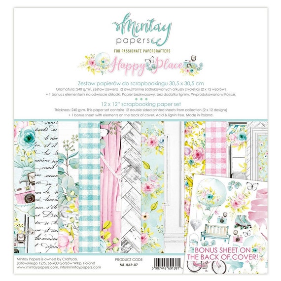 Happy Place Scrapbooking Collection Kit by Mintay Papers, Double sided designer pad, Dreamy pastel floral feminine vacation in pink & mint