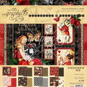 Pacchetto di raccolta di scrapbooking Curiouser di Graphic 45, Alice nel paese delle meraviglie Valentine Love Paper combo con rub-on, effimeri e kit di adesivi