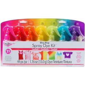 May include: A Tulip brand one-step spray dye kit with 21 colors. The kit includes 6 bottles of dye in various colors, including pink, orange, yellow, lime green, turquoise, and purple. The kit also includes instructions for use and a variety of tie-dye patterns. The kit is labeled "One-Step Spray Dye Kit" and "Confetti Confettis Confeti". The kit is also labeled "44 pc/pz | 1.16 oz (33.0 g) Dye/Teinture/Tintura".