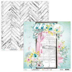 May include: Two sheets of decorative paper. One features a black and white herringbone pattern. The other has a vintage design with a shop front, floral arrangements, and the text "Petit Vero".