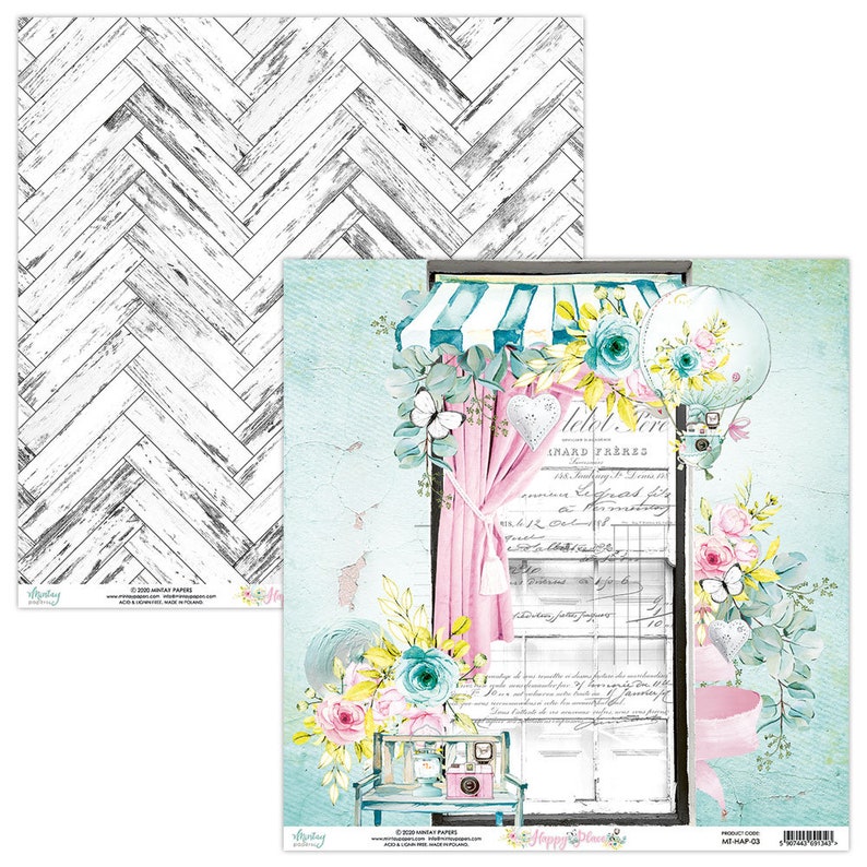 May include: Two sheets of decorative paper. One features a black and white herringbone pattern. The other has a vintage design with a shop front, floral arrangements, and the text "Petit Vero".