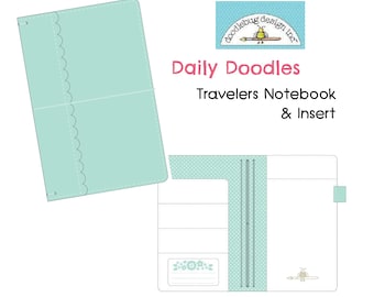 May include: A turquoise blue traveller's notebook cover with a scalloped edge and a matching insert with a bee and paintbrush design. The cover is made of a durable material and has a simple, elegant design. The insert has a polka dot pattern and a space for writing.