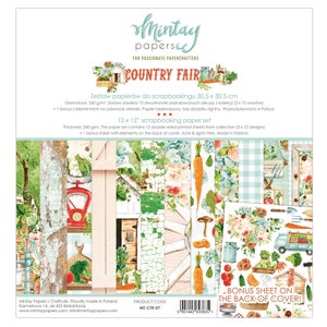 May include: A 12x12 inch scrapbooking paper set with a country fair theme. The paper set includes 12 double-sided sheets with a variety of designs featuring farm animals, vegetables, and flowers. The paper is acid and lignin free and made in Poland. The set also includes a bonus sheet with elements on the back of the cover.