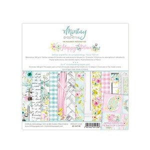 May include: A 6x6 inch scrapbooking paper pad with a floral and pastel theme. The cover features the words "Happy Place" and "Mintay papers". The pad contains 24 double-sided printed sheets with various designs.