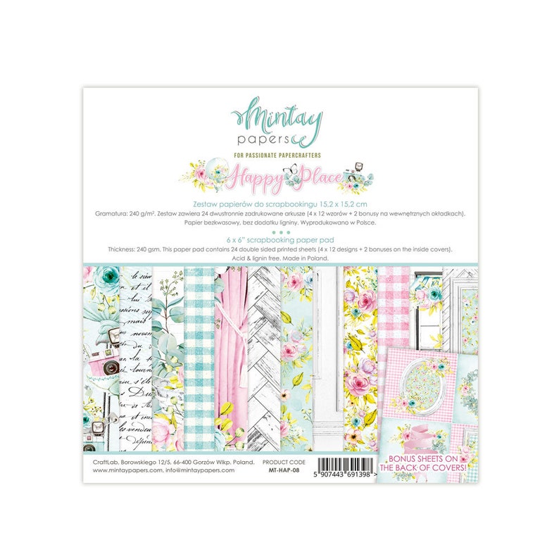 May include: A 6x6 inch scrapbooking paper pad with a floral and pastel theme. The cover features the words "Happy Place" and "Mintay papers". The pad contains 24 double-sided printed sheets with various designs.