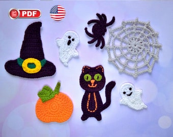 May include: Crochet Halloween applique patterns for a witch's hat, ghost, spider, spiderweb, black cat, and pumpkin. The patterns are in PDF format.
