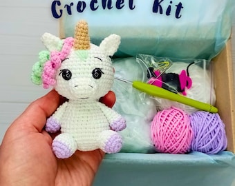 Kit de ganchillo de unicornio, kit de juguetes DIY para principiantes, kit de amigurumi, kit de animales de ganchillo