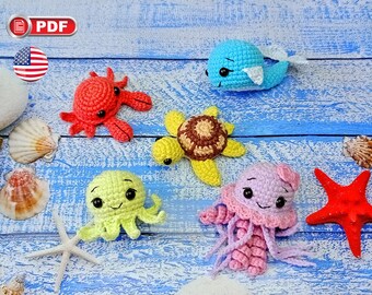 Crochet Sea Animals Bundle Pattern: Sea Turtle, Jellyfish, Octopus, Crab, Whale, Crochet Sea Creature Pattern, Ocean Keychain