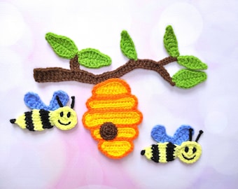 Beehive and Bee Crochet Pattern, Crochet Applique Pattern, PDF Pattern
