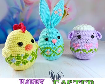 Paquete de patrones de crochet de Pascua: Conejito, pollito y cordero amigurumi (patrón PDF)