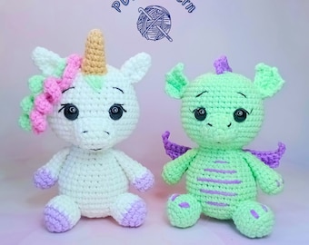 Patrón Amigurumi Unicornio y Dragón Set de Ganchillo, Animales de Ganchillo, Tutorial PDF