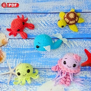 Crochet Pattern Bundle: Sea Turtle, Jellyfish, Octopus, Crab, Whale, Sea Creature Crochet, Baby Sea Animals Keychain, Amigurumi Tutorial