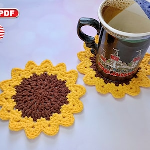 Padrão de porta-copos de girassol de crochê, porta-copos de flores, decoração de girassol
