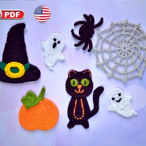 Könnte beinhalten: Häkelvorlagen für Halloween-Applikationen mit Hexenhut, Geist, Spinne, Spinnennetz, schwarzer Katze und Kürbis. Die Vorlagen sind im PDF-Format.