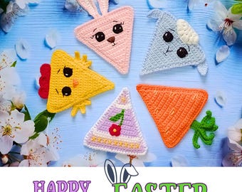 Patrón de guirnalda de Pascua a crochet: conejito, pollito, cordero y pancarta de Pascua.