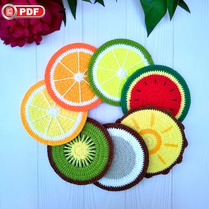 Crochet Pattern Bundle Coasters: Orange, Lemon, Watermelon, Kiwi, Lime, Coconut, Pineapple, Mug Rug Set Pattern, Crochet Fruit Coasters