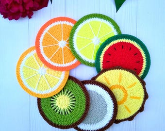 Paquete de patrones de ganchillo para posavasos: naranja, limón, sandía, kiwi, lima, coco, piña, juego de posavasos para tazas, posavasos de frutas de ganchillo