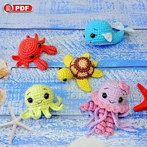 Crochet Sea Animals Bundle Pattern: Sea Turtle, Jellyfish, Octopus, Crab, Whale, Crochet Sea Creature Pattern, Ocean Keychain