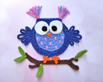 Crochet Pattern, PDF INSTANT DOWNLOAD, Crochet Owl Applique, Crochet Applique Pattern, Crochet Tree Applique, Bird Applique Pattern
