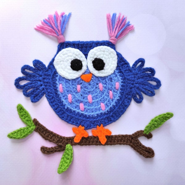 Crochet Pattern, PDF INSTANT DOWNLOAD, Crochet Owl Applique, Crochet Applique Pattern, Crochet Tree Applique, Bird Applique Pattern