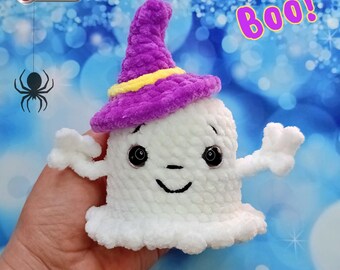 Patrón de ganchillo fantasma sin costura, patrón de amigurumi de peluche de Halloween, peluche fantasma
