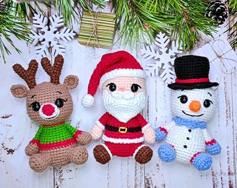 Patrón de crochet para amigurumi navideño: Papá Noel, muñeco de nieve y reno.