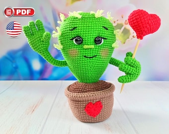 Patrón de cactus amigurumi de crochet con mini corazón, planta de crochet