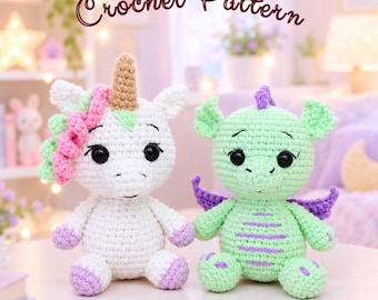 Häkelmuster-Set mit Einhorn und Drache, Stofftier, Fantasy-Häkeln, PDF-Anleitung