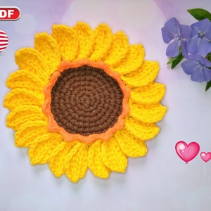 Crochet Ukraine Sunflower Coaster Pattern,  Sunflower Decor, Crochet Mug Rug