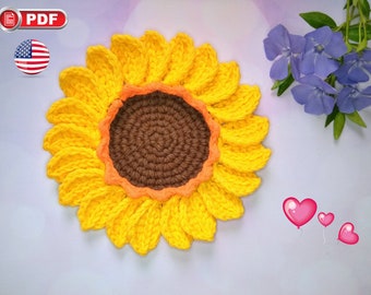 Crochet Ukraine Sunflower Coaster Pattern,  Sunflower Decor, Crochet Mug Rug