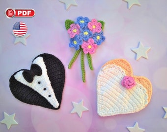 Valentine Hearts Applique Crochet Pattern, Bride and Groom Applique, Wedding Decorations, Crochet Flower Bouquet Applique