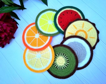 Crochet pattern set of 5 coasters, PDF Instant Download, Mug rug set, Kawaii coaster, Beach party decor, Crochet fruit coasters, DIY craft