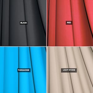 May include: A four-panel grid displaying fabric swatches in solid colors. The top left panel is black with the text BLACK. The top right panel is red with the text RED. The bottom left panel is turquoise with the text TURQUOISE. The bottom right panel is light stone with the text LIGHT STONE.