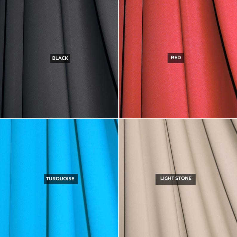 May include: A four-panel grid displaying fabric swatches in solid colors. The top left panel is black with the text BLACK. The top right panel is red with the text RED. The bottom left panel is turquoise with the text TURQUOISE. The bottom right panel is light stone with the text LIGHT STONE.