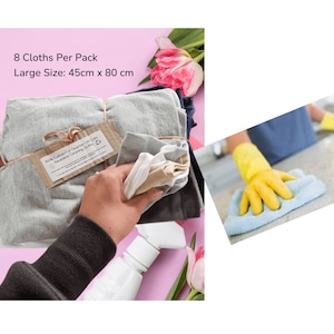 Puede incluir: Un paquete de ocho paños de limpieza de algodón 100% en colores gris, blanco y beige. Los paños miden 45 cm por 80 cm y están empaquetados con una etiqueta de papel marrón que dice "100% Cotton Fat Quarter Off Cuts Reusable Cleaning Cloths".