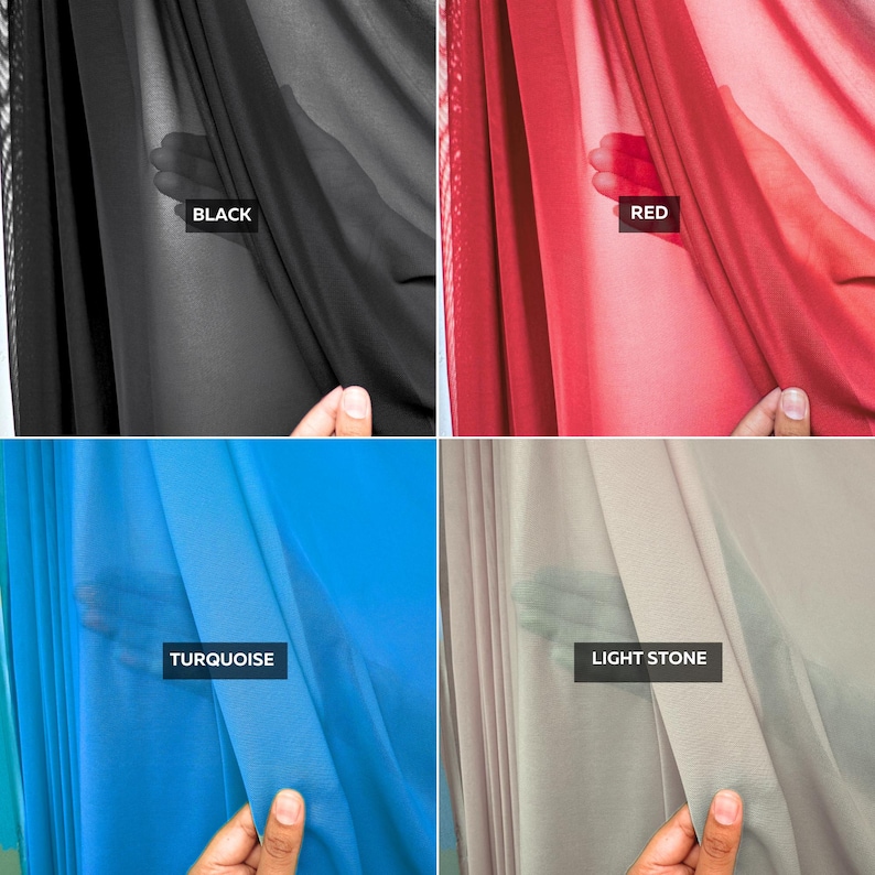 May include: A four-panel grid display showing sheer fabric in black, red, turquoise, and light stone colors. Each section features the color name in a black rectangular label, with the fabric draped to show its translucent, lightweight texture.