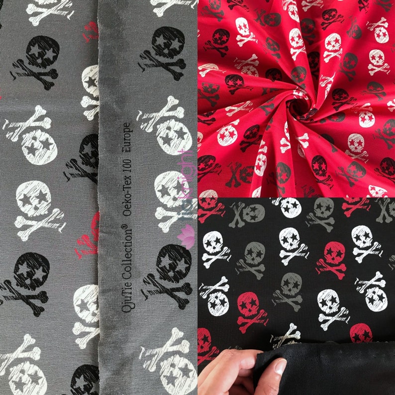 May include: Three fabric swatches with a skull and crossbones pattern. The fabric swatches are in red, black, and gray. The fabric is printed with white skulls and crossbones. The text "Oeko-Tex 100 Europe" is printed on the gray fabric swatch.