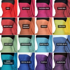 May include: A collection of 16 fabric swatches in various colors, including red, pink, orange, yellow, blue, green, purple, and brown. The swatches are arranged in a grid pattern and each swatch has a label with the color name.