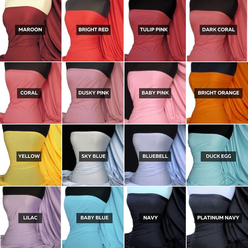 Puede incluir: Una tabla de 16 muestras de tela en varios colores, incluyendo granate, rojo brillante, rosa tulip&aacute;n, coral oscuro, coral, rosa polvoriento, rosa beb&eacute;, naranja brillante, amarillo, azul cielo, campanilla, huevo de pato, lila, azul beb&eacute;, azul marino y azul marino platino.